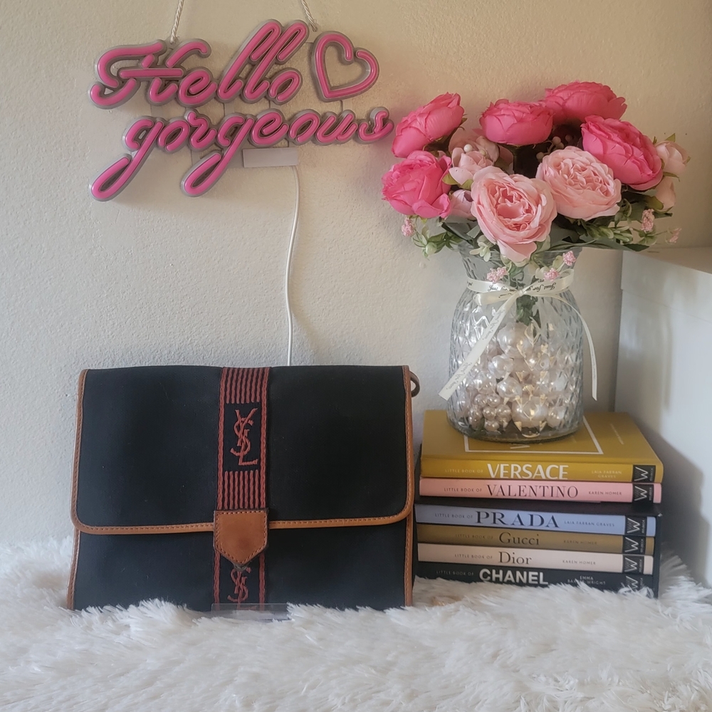 Yves Saint Laurent Black and Brown Clutch with Metallic Accents